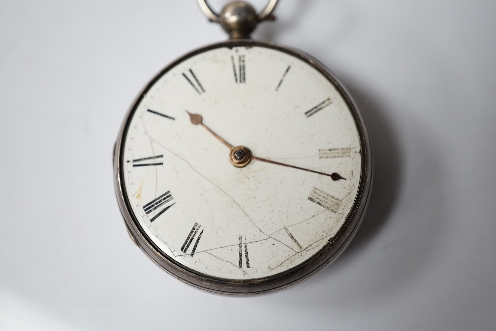 A Georgian silver open face key wind pocket watch, by Jno. Ellicott of London, lacking glass, case diameter 48mm. Condition - poor